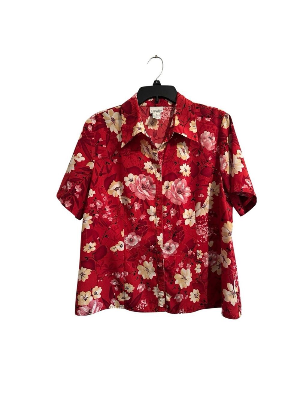 Modern Essentials Floral Button-down Blouse Womens Large Red Roses Short Sleeves